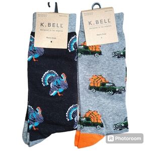 K. BELL Set of 2 Pairs Mens Crew Socks Size 10-13 Truckload Pumpkins-Turkeys NWT